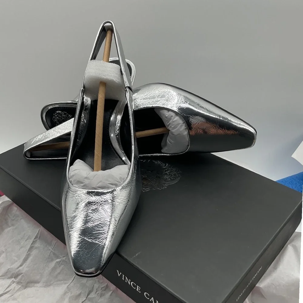 Vince Camuto Silver Metallic Slingback Pumps Square Toe Flared Heel New